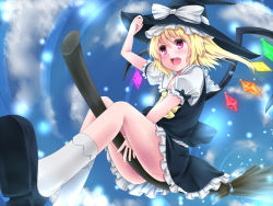 Rule 34 | 1girl, aru gunsou, bad id, bad pixiv id, blonde hair, broom, broom riding, cosplay, flandre scarlet, hat, hat ribbon, holding, holding hat, kirisame marisa, kirisame marisa (cosplay), mixarumixa, red eyes, ribbon, side ponytail, solo, touhou, wings, witch hat