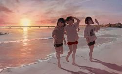 Rule 34 | 3girls, arm around shoulder, barefoot, beach, blue eyes, bridge, closed mouth, daluto (hitomi555), footprints, hand in pocket, hand on own head, highres, holding, holding phone, hood, hoodie, horizon, long hair, looking up, multiple girls, open mouth, original, phone, sand, shirt, short hair, shorts, sunset, twintails, waves, white shirt