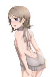 Rule 34 | 1girl, ass, backless dress, backless outfit, bare back, bare shoulders, blue eyes, blush, breasts, butt crack, drawstring, dress, from behind, grey hair, grey sweater, halterneck, highres, looking at viewer, looking back, love live!, love live! school idol project, love live! sunshine!!, medium breasts, meme attire, naked sweater, nose blush, open mouth, ribbed sweater, sazanami tarou, short hair, sideboob, simple background, sleeveless, sleeveless turtleneck, solo, sweater, sweater dress, turtleneck, turtleneck sweater, virgin killer sweater, watanabe you, white background