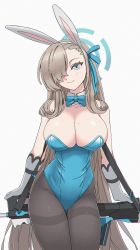 Rule 34 | 1girl, animal ears, assault rifle, asuna (blue archive), asuna (bunny) (blue archive), black pantyhose, blue archive, blue bow, blue bowtie, blue eyes, blue leotard, bow, bowtie, breasts, bullpup, cleavage, detached collar, fake animal ears, famas, gun, hair over one eye, halo, highleg, highleg leotard, highres, large breasts, leotard, light brown hair, long hair, looking at viewer, mole, mole on breast, pantyhose, playboy bunny, rabbit ears, rifle, simple background, smile, solo, strapless, strapless leotard, tab (tabkun), thighband pantyhose, traditional bowtie, weapon, white background
