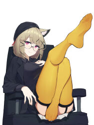 Rule 34 | 1girl, absurdres, animal ear fluff, animal ears, arknights, armchair, black hat, black jacket, black shirt, black skirt, breasts, chair, closed mouth, collared shirt, feet, garter straps, glasses, hair ornament, hat, highres, jacket, lan mao akko, leg up, long sleeves, looking at viewer, medium breasts, no shoes, red eyes, shirt, short hair, simple background, sitting, skirt, smile, soles, solo, thighhighs, toes, utage (arknights), utage (disguise) (arknights), white background, x hair ornament, yellow thighhighs