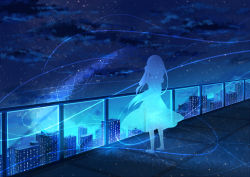 Rule 34 | 1girl, barefoot, from behind, long hair, night, night sky, original, outdoors, railing, sky, solo, star (sky), starry sky, yue yue