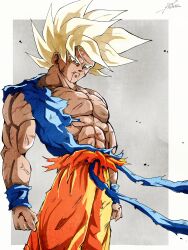 Rule 34 | 1boy, abs, battle damage, blonde hair, blood, blood from mouth, blood on arm, blood on chest, blue sash, blue shirt, blue wristband, clenched hand, collarbone, cowboy shot, dragon ball, dragonball z, green eyes, highres, injury, looking down, male focus, muscular, muscular male, orange pants, pants, pato007711, pectorals, sash, shirt, signature, simple background, solo, son goku, spiked hair, super saiyan, super saiyan 1, torn clothes, torn shirt, veins, wind, wristband