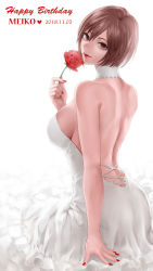 Rule 34 | 1girl, back, backless dress, backless outfit, bare shoulders, birthday, breasts, brown eyes, brown hair, character name, choker, commentary request, dress, flower, frilled dress, frills, from behind, hair between eyes, heart, highres, holding, holding flower, large breasts, lipstick, looking at viewer, looking back, makeup, meiko (vocaloid), meriko, nail polish, partial commentary, red lips, red nails, rose, short hair, sideboob, simple background, sitting, skindentation, solo, strapless, strapless dress, vocaloid, white background, white choker, white dress