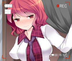 Rule 34 | 1girl, blush, commentary request, hammer (sunset beach), horikawa raiko, looking at viewer, necktie, plaid, plaid shirt, purple necktie, red eyes, red hair, shirt, short hair, solo, touhou, viewfinder