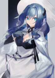 Rule 34 | 1girl, arknights, astesia (arknights), black dress, black gloves, blue eyes, blue hair, cape, commentary, cowboy shot, dress, dutch angle, feathers, gloves, hair between eyes, hair intakes, hat, long hair, looking at viewer, parted lips, sasa onigiri, solo, wavy hair, white cape, white dress, white hat