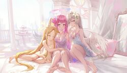 Rule 34 | 3girls, absurdly long hair, alternate costume, angel wings, animal ear fluff, animal ears, backlighting, bare arms, bare legs, bare shoulders, barefoot, blonde hair, blue archive, blush, bow, breasts, cathedral, closed eyes, closed mouth, collarbone, colonnade, column, curtains, day, feathered wings, feet, finger to mouth, flat chest, flower, flower wreath, forehead, fox ears, grey hair, hair bow, hair bun, hair flower, hair ornament, hair scrunchie, halo, highres, jewelry, large breasts, lingerie, long hair, looking at viewer, mika (blue archive), mirror, multiple girls, nagisa (blue archive), necklace, negligee, parted bangs, pdxen, pillar, pink hair, scrunchie, seia (blue archive), single side bun, small breasts, smile, soles, stool, strap slip, sunlight, table, tea party (blue archive), tiered tray, toes, underwear, very long hair, white bow, white wings, window, wing ornament, wings, yellow eyes