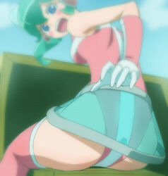 Rule 34 | 1girl, ass, blue eyes, blue sky, blush stickers, calen (time bokan), cloud, day, from behind, gloves, green hair, haruyama kazunori, open mouth, pink thighhighs, ponytail, see-through, see-through skirt, short hair, sitting, skirt, sky, solo, thighhighs, time bokan (series), time bokan 24, white gloves