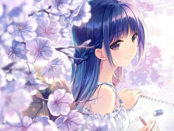 Rule 34 | 1girl, blue hair, braid, brown eyes, cherry blossoms, eraser, flower, from side, hat, long hair, looking at viewer, notebook, original, outdoors, pencil, petals, riv (rivleaf), smile, solo, writing