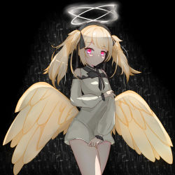 Rule 34 | 1girl, absurdres, angel, angel wings, artist request, blonde hair, chucolala, double halo, dress, halo, highres, pale skin, red eyes, short dress, suzumiya rin, twintails, virtual youtuber, wings