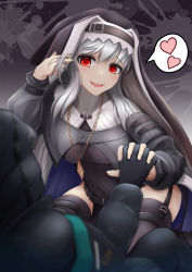 Rule 34 | 1girl, 1other, absurdres, arknights, black coat, black dress, black gloves, black jacket, black thighhighs, breasts, coat, commentary request, doctor (arknights), dress, engawa (organic sushi), gloves, grey hair, grey nails, habit, heart, highres, holding hands, hood, hooded jacket, jacket, jewelry, large breasts, long sleeves, nail polish, nun, red eyes, sharp teeth, smile, specter (arknights), spoken heart, teeth, thighhighs, upper teeth only