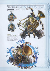 Rule 34 | 10s, 1girl, absurdres, animal ears, boots, braid, character name, chibi, crown braid, curly hair, dress, closed eyes, feathers, full body, granblue fantasy, green hair, hair ornament, harvin, highres, instrument, long hair, looking at viewer, minaba hideo, multiple views, musical note, non-web source, official art, open mouth, pointy ears, robertina (granblue fantasy), scan, simple background, smile, tuba, yellow eyes