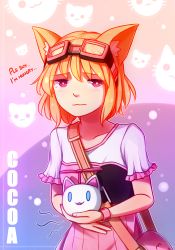 Rule 34 | 1girl, animal ears, bag, cat ears, character name, cocoa (rabi ribi), commentary, english text, goggles, goggles on head, hungry, looking at viewer, orange hair, pink eyes, rabi-ribi, short hair, short sleeves, solo, speckticuls, tears, watch, wavy mouth, wristwatch