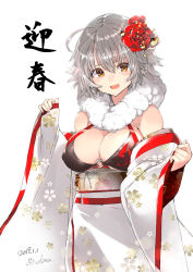 Rule 34 | 1girl, :d, absurdres, ahoge, alternate costume, bare shoulders, bikini, bikini under clothes, black bikini, blush, breasts, bright pupils, brown eyes, cleavage, dated, fate/grand order, fate (series), floral print, flower, fur collar, grey hair, hair flower, hair ornament, highres, japanese clothes, jeanne d&#039;arc alter (swimsuit berserker) (fate), jeanne d&#039;arc (fate), jeanne d&#039;arc alter (fate), jeanne d&#039;arc alter (swimsuit berserker) (fate), kimono, kobo (cobo 0609), large breasts, long hair, long sleeves, looking at viewer, o-ring, o-ring bikini, obi, off shoulder, open mouth, print kimono, red flower, red rose, rose, sash, signature, simple background, sleeves past wrists, smile, solo, swimsuit, translation request, undressing, white background, white kimono, wide sleeves, yukata