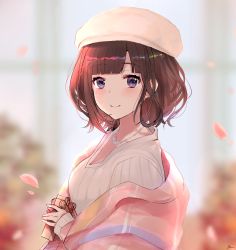 Rule 34 | 1girl, absurdres, blurry, blurry background, blush, gift, highres, jacket, jewelry, looking at viewer, medium hair, mnemo, necklace, nijisanji, outdoors, petals, pink jacket, purple eyes, ribbed sweater, smile, solo, standing, suzuka utako, sweater, upper body, virtual youtuber, white headwear, white sweater