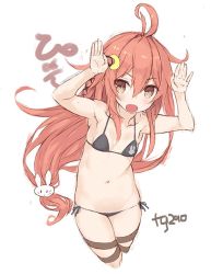 Rule 34 | 10s, 1girl, ahoge, alternate costume, arms up, bikini, bunny ears gesture, commentary request, crescent, crescent hair ornament, cropped legs, goekawa, hair between eyes, hair ornament, hair ribbon, halterneck, kantai collection, long hair, looking at viewer, low-tied long hair, navel, open mouth, pink hair, rabbit hair ornament, rabbit pose, red eyes, ribbon, side-tie bikini bottom, solo, swimsuit, uzuki (kancolle)