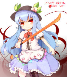 Rule 34 | 1girl, apron, blue hair, boots, bow, chain, cross-laced footwear, dress, female focus, food, fruit, hat, highres, hinanawi tenshi, lace-up boots, long hair, peach, red eyes, ribbon, shiro tsugumi, sidelocks, smile, solo, sword, sword of hisou, tassel, touhou, weapon