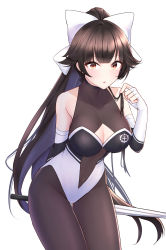Rule 34 | 1girl, absurdres, azur lane, black hair, black legwear, bodystocking, bow, breasts, brown eyes, cleavage cutout, clothing cutout, cowboy shot, hair flaps, highres, jyu-so, large breasts, leaning forward, long hair, looking at viewer, multicolored leotard, race queen, ribbon, simple background, solo, takao (azur lane), takao (full throttle charmer) (azur lane), thigh gap, two-tone leotard, umbrella, white background, white bow, white ribbon