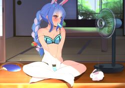 Rule 34 | 1girl, absurdres, animal ears, barefoot, blue bra, blue hair, blurry, blurry background, blush, bokeh, bow, bow bra, bra, braid, breasts, carrot hair ornament, depth of field, electric fan, food, food-themed hair ornament, food in mouth, hair ornament, hair ribbon, hand fan, highres, hololive, indian style, lace, lace-trimmed bra, lace-trimmed panties, lace trim, long hair, looking to the side, melow menow, mosquito coil, mouth hold, multicolored hair, panties, paper fan, popsicle, popsicle in mouth, rabbit, rabbit ears, rabbit girl, red eyes, ribbon, shouji, sidelocks, sitting, sliding doors, small breasts, solo, strap slip, summer, sunlight, sweat, tatami, thick eyebrows, twin braids, two-tone hair, underwear, underwear only, usada pekora, v arms, virtual youtuber, white hair, white ribbon, window, wooden floor