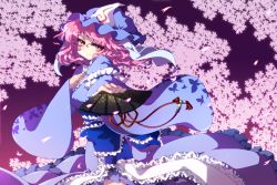 Rule 34 | 1girl, cherry blossoms, dress, hand fan, female focus, folding fan, frills, grin, hand on own chest, hat, japanese clothes, kamome, petals, pink eyes, pink hair, saigyouji yuyuko, smile, solo, touhou, triangular headpiece