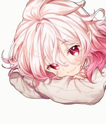 Rule 34 | 1girl, blush, brown sweater, closed mouth, commentary, crossed arms, elsword, gradient hair, hair between eyes, laby (elsword), long sleeves, lying, multicolored hair, on stomach, paraffin, purple eyes, red hair, ribbed sweater, simple background, sleeves past wrists, smile, solo, sweater, upper body, white background, white hair