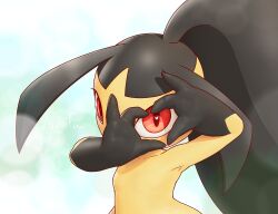 Rule 34 | absurdres, artist name, commentary, creatures (company), game freak, gen 3 pokemon, hands up, heart, heart in eye, highres, looking at viewer, mawaifu, mawile, nintendo, peeking through fingers, pokemon, pokemon (creature), red eyes, signature, solo, symbol in eye, upper body