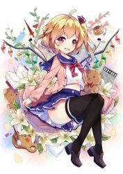 Rule 34 | 1girl, ahoge, alternate costume, bird, black thighhighs, blonde hair, blue skirt, blush, book, branch, dango remi, earphones, fang, flandre scarlet, flower, food, hair ribbon, highres, knife, long sleeves, looking at viewer, midriff, miniskirt, navel, open mouth, paint, paint tube, paintbrush, palette (object), pleated skirt, pudding, red eyes, red ribbon, ribbon, sailor collar, school uniform, serafuku, shoes, side ponytail, sitting, skirt, smile, solo, spoon, stuffed animal, stuffed toy, teddy bear, thighhighs, touhou, wings