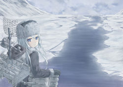 Rule 34 | 10s, 1girl, black coat, black gloves, blue eyes, blue hair, blush, closed mouth, coat, commentary, day, from behind, from side, fur hat, fur trim, gloves, hair between eyes, hat, hibiki (kancolle), highres, hikari niji, ice, kantai collection, long hair, looking at viewer, looking back, machinery, outdoors, solo, ushanka, verniy (kancolle)