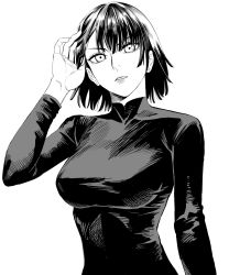 Rule 34 | 1girl, breasts, earrings, fubuki (one-punch man), greyscale, hand up, highres, jewelry, long sleeves, looking at viewer, m0biuzz, medium breasts, monochrome, one-punch man, short hair, solo, teeth, white background