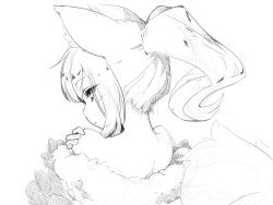 Rule 34 | 1girl, animal ears, bare shoulders, fox ears, from behind, greyscale, hand on own shoulder, highres, looking at viewer, looking back, monochrome, original, ponytail, portrait, shima (sh1mamu), simple background, sketch, solo, thick eyebrows, white background