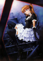 Rule 34 | 1girl, absurdres, against wall, alternate costume, black footwear, black gloves, black ribbon, blue eyes, breasts, bridal garter, choker, closed mouth, collarbone, detached collar, dutch angle, elbow gloves, foreshortening, frilled skirt, frilled thighhighs, frills, gloves, goth fashion, gothic lolita, hair ribbon, half updo, high heels, highres, layered skirt, lolita fashion, long hair, looking at viewer, maid, miniskirt, neon genesis evangelion, orange hair, red hair, red lips, ribbon, sadamoto yoshiyuki, shoes, signature, skirt, small breasts, smile, solo, souryuu asuka langley, stairs, thighhighs, twintails, zettai ryouiki
