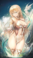 Rule 34 | 1girl, animal, aria taisa, bare hips, bare shoulders, birthmark, blonde hair, braid, breasts, circlet, cleavage, cleavage cutout, clothing cutout, collar, crossed legs, curvy, elbow sleeve, elf, highres, large breasts, leotard, long hair, mole, mole on breast, pointy ears, silhouette, smile, solo, thick thighs, thigh gap, thighhighs, thighs, virtual youtuber, yusha m