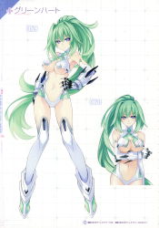Rule 34 | 1girl, :d, absurdres, arm at side, armpits, bare shoulders, boots, breasts, center opening, character name, choujijigen game neptune re;birth 1, claws, cleavage, elbow gloves, full body, gloves, green hair, green heart (neptunia), grid background, hair between eyes, hair intakes, halterneck, hand on own hip, high ponytail, highres, large breasts, legs apart, leotard, long hair, looking at viewer, midriff, multiple views, navel, neptune (series), official art, open mouth, parted lips, ponytail, power symbol, power symbol-shaped pupils, purple eyes, revealing clothes, scan, shin jigen game neptune vii, shiny skin, sidelocks, sleeveless, smile, standing, symbol-shaped pupils, thighhighs, tsunako, turtleneck, underboob, vambraces, vert (neptunia), very long hair, white footwear, white gloves, white thighhighs