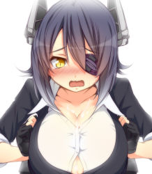 Rule 34 | 10s, 1girl, black hair, blush, breasts, bursting breasts, cum, cum on body, cum on breasts, cum on upper body, eyepatch, fingerless gloves, gloves, headgear, kantai collection, large breasts, open mouth, paizuri, paizuri under clothes, partially fingerless gloves, personification, short hair, solo, tears, tenryuu (kancolle), tori (minamopa), yellow eyes