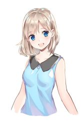 Rule 34 | 1girl, bad id, bad twitter id, blue eyes, blue shirt, collarbone, cropped arms, cropped torso, earrings, jewelry, long hair, looking at viewer, original, shirt, silver hair, simple background, sleeveless, sleeveless shirt, solo, upper body, weee (raemz), white background