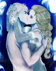 Rule 34 | crossover, elsa (frozen), frozen (disney), jack frost (rise of the guardians), kiss, rise of the guardians, topless, white hair