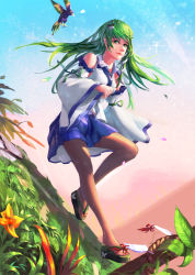 Rule 34 | 1girl, bird, branch, detached sleeves, expressionless, flower, frog hair ornament, grass, green eyes, green hair, hair ornament, highres, hill, kochiya sanae, leaf, lips, long hair, looking at viewer, matching hair/eyes, petals, polskash, rope, sandals, shimenawa, skirt, snake hair ornament, solo, touhou, twilight, wind