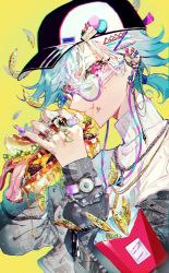 Rule 34 | 1other, absurdres, bacon, black jacket, blue hair, blurry, chromatic aberration, closed mouth, ear piercing, earrings, fast food, food, french fries, from side, glasses, hair between eyes, hair tie, hands up, hat, highres, holding, holding food, jacket, jewelry, looking at viewer, mole, mole under eye, mura karuki, original, piercing, pink eyes, ring, sandwich, short hair, sideways glance, solo, sweater, upper body, watch, white sweater, yellow background