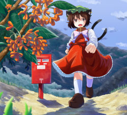 Rule 34 | 1girl, brown eyes, brown hair, chen, from below, hamakenn, japanese postal mark, mailbox, mountain, multiple tails, nature, open mouth, postbox, short hair, solo, tail, touhou, two tails