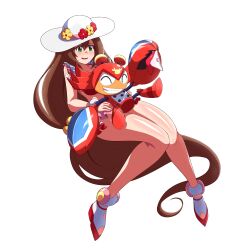Rule 34 | 1boy, anklet, bikini, blush, bow, bowtie, brown hair, clothes theft, crab claw, fang, flower, frilled bikini, frills, happy, hat, hat flower, highres, iris (mega man), jewelry, joints, long hair, mega man (series), mega man star force, mega man x4, mega man x (series), nervous, nobuyu (77yusei), official alternate costume, panties, pink panties, red bikini, red footwear, red panties, robot joints, simple background, sitting, sitting on lap, sitting on person, smile, swimsuit, theft, underwear, underwear theft