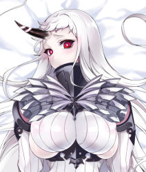 Rule 34 | 1girl, abyssal ship, bare shoulders, bed sheet, blush, breasts, bright pupils, claws, collar, commentary request, covered erect nipples, detached sleeves, furrowed brow, hands on own chest, hands up, horns, kantai collection, large breasts, long hair, long sleeves, looking at viewer, lying, messy hair, on back, pale skin, parted lips, pochi (pochi-goya), puffy nipples, raised eyebrows, red eyes, ribbed sweater, seaport princess, see-through, shiny skin, sideboob, silver hair, simple background, single horn, skindentation, solo, sweater, upper body, very long hair, white background, white pupils, white sweater