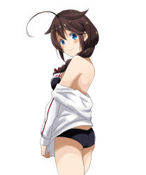 1girl adapted_costume ahoge ass bikini black_bikini black_hair blue_eyes braid breasts chuchu_tako cowboy_shot from_behind hair_flaps hair_over_shoulder highres jacket kantai_collection looking_at_viewer looking_back medium_breasts sailor_bikini sailor_collar shigure_(kancolle) shigure_kai_ni_(swimsuit)_(kancolle) simple_background single_braid solo swimsuit white_background white_jacket