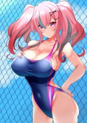 Rule 34 | 1girl, azur lane, bare shoulders, blue one-piece swimsuit, blue sky, blush, breasts, bremerton (azur lane), chain-link fence, cleavage, collarbone, competition swimsuit, covered navel, day, fence, hair between eyes, hand on own chest, highleg, highleg swimsuit, highres, large breasts, long hair, looking at viewer, mole, mole on breast, multicolored hair, one-piece swimsuit, pink eyes, pink hair, sankakusui, sidelocks, sky, solo, streaked hair, swimsuit, thighs, twintails