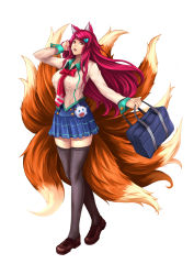 Rule 34 | 1girl, absurdres, academy ahri, ahri (league of legends), alternate costume, animal ears, breasts, brown thighhighs, candy, facial mark, food, fox ears, fox tail, heart, highres, league of legends, lollipop, looking at viewer, medium breasts, mouth hold, plaid, plaid skirt, red eyes, red hair, school uniform, shoes, simple background, skirt, solo, tail, thighhighs, thighs, white background, yashichii