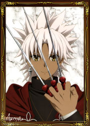 Rule 34 | 1boy, absurdres, amakusa shirou (fate), brown eyes, copyright name, dark skin, dark-skinned male, earrings, fate/apocrypha, fate (series), highres, holding, holding knife, jewelry, knife, looking at viewer, male focus, silver hair, smile, solo, upper body