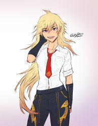 Rule 34 | 1girl, absurdres, alternate costume, black gloves, black pants, blonde hair, dress shirt, fingerless gloves, gloves, gold trim, hand in own hair, highres, long hair, loose necktie, necktie, open mouth, pants, popped collar, red eyes, red tie, rwby, shirt, signature, simple background, sleeves rolled up, smirk, solo, sytokun, uniform, white background, white shirt, yang xiao long