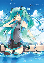Rule 34 | 1girl, aqua eyes, aqua hair, bad id, bad pixiv id, cloud, day, hatsune miku, headphones, headset, highres, hyugo, long hair, necktie, open mouth, outdoors, partially submerged, revision, skirt, sky, smile, solo, thighhighs, twintails, very long hair, vocaloid, wading, water, water drop, wet, wet clothes, zettai ryouiki