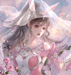 Rule 34 | 1girl, animal ears, artist request, beads, breasts, brown hair, cloud, cloudy sky, douluo dalu, dress, falling petals, flower, hair ornament, holding veil, long hair, looking to the side, medium breasts, parted lips, petals, pink dress, pink eyes, pink flower, pink rose, rabbit ears, rose, sky, solo, teeth, third-party source, upper body, xiao wu (douluo dalu)