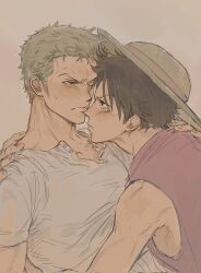 Rule 34 | 2boys, black eyes, black hair, blush, couple, eye contact, face-to-face, facial scar, green hair, hand on another&#039;s back, hat, highres, imminent kiss, looking at another, male focus, monkey d. luffy, multiple boys, one piece, red vest, roronoa zoro, scar, scar on cheek, scar on chest, scar on face, shirt, short hair, shy, sideburns, straw hat, sweatdrop, toned, toned male, vest, white shirt, yaoi, yayarunaway, yellow background