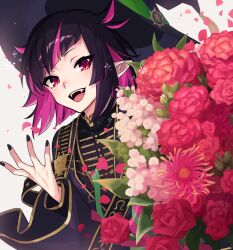 Rule 34 | 1boy, :d, androgynous, bad link, black hair, black hat, black nails, blunt bangs, blush, bouquet, chorefuji, commentary request, fangs, flower, hat, lilia vanrouge, long sleeves, looking at viewer, male focus, multicolored hair, nail polish, open mouth, petals, pink flower, pink hair, pointy ears, red eyes, smile, solo, teeth, tongue, twisted wonderland, two-tone hair, upper body, upper teeth only, white background, wide sleeves, witch hat